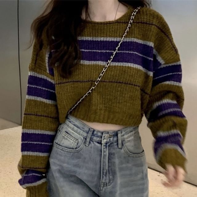 Bolgivy-Crewneck Striped Crop Sweater