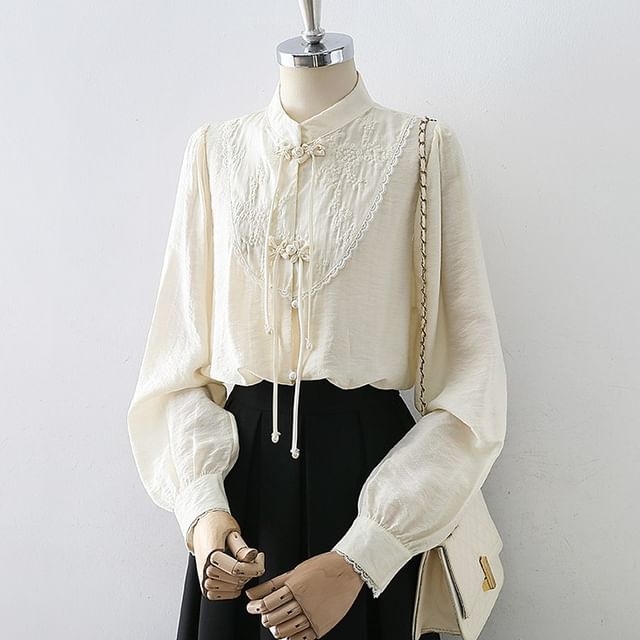Cossita-Puff-Sleeve Lace Panel Frog Buttoned Blouse