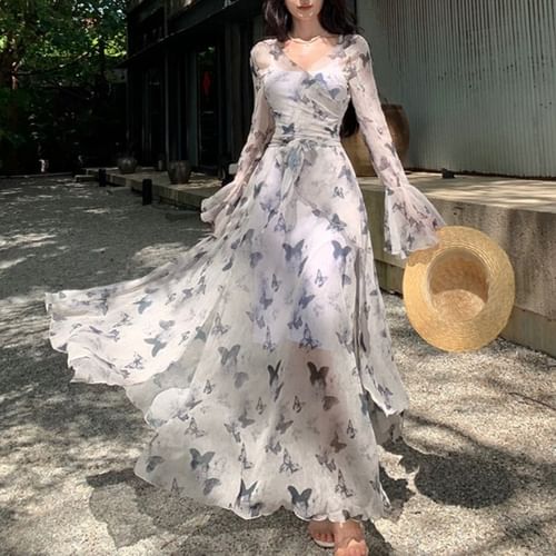 Set Long Sleeve V Neck Butterfly Maxi A Line Dress Slipdress