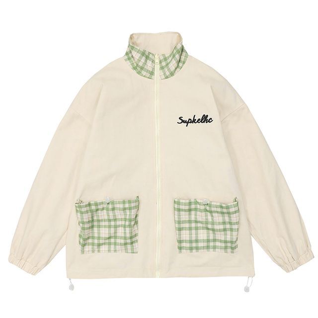 Fabricaiy - Lettering Plaid Panel Zip-Up Jacket | YesStyle