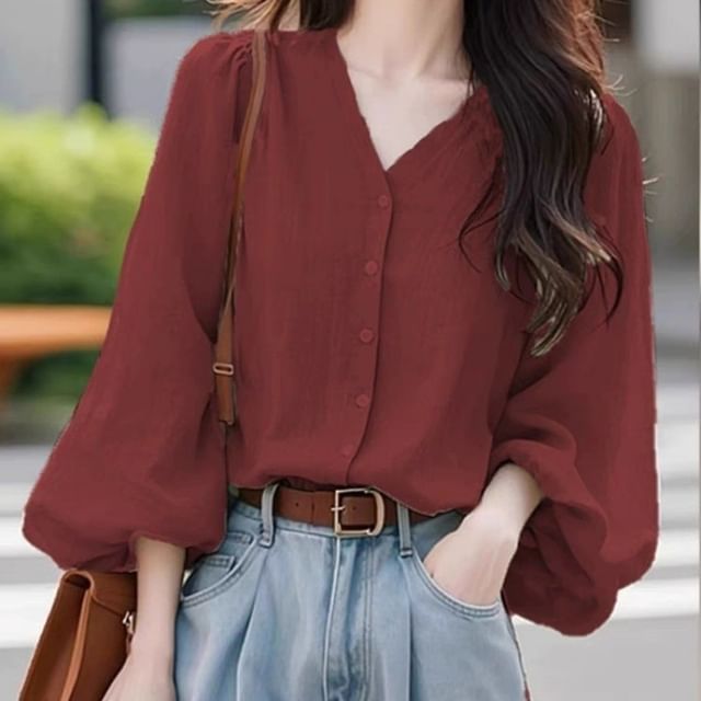 Sienne-Long-Sleeve V-Neck Plain Blouse