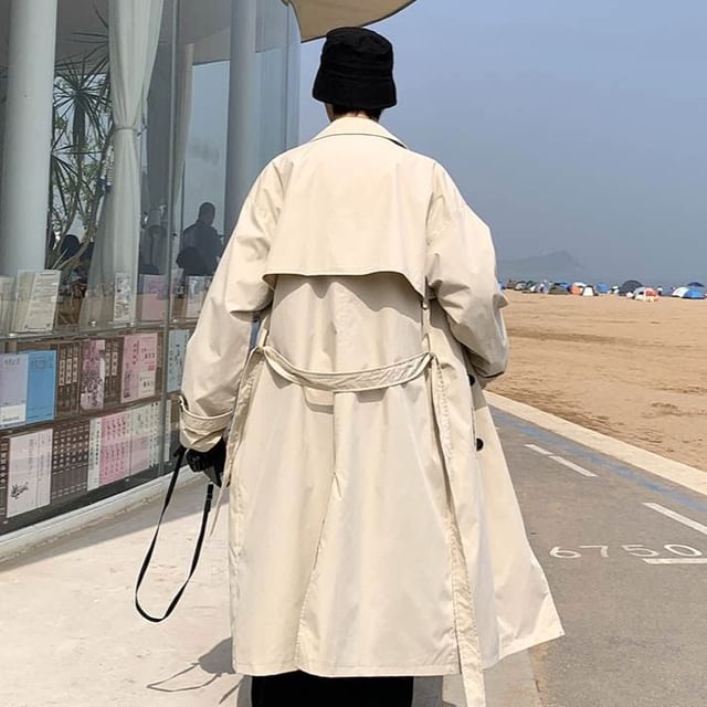 Blueforce-Plain Sashed Midi Double-Breasted Trench Coat