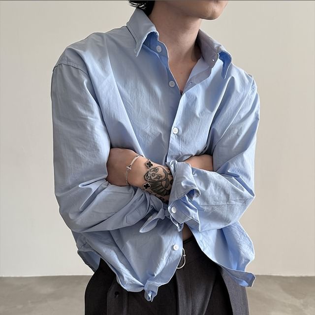 Nahagin-Long Sleeve Collared Plain Shirt