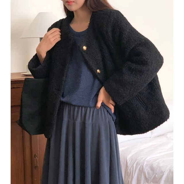 Chubby Girl-Plain Button-Up Tweed Jacket