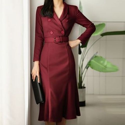 Long-Sleeve Double-Breasted Midi Mermaid Coat Dress