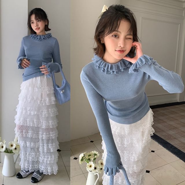 scenesweet-Mock Neck Plain Ruffle Sweater