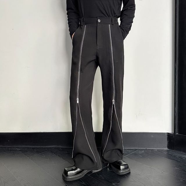 ravewider-High Waist Plain Zip Detail Flared Pants