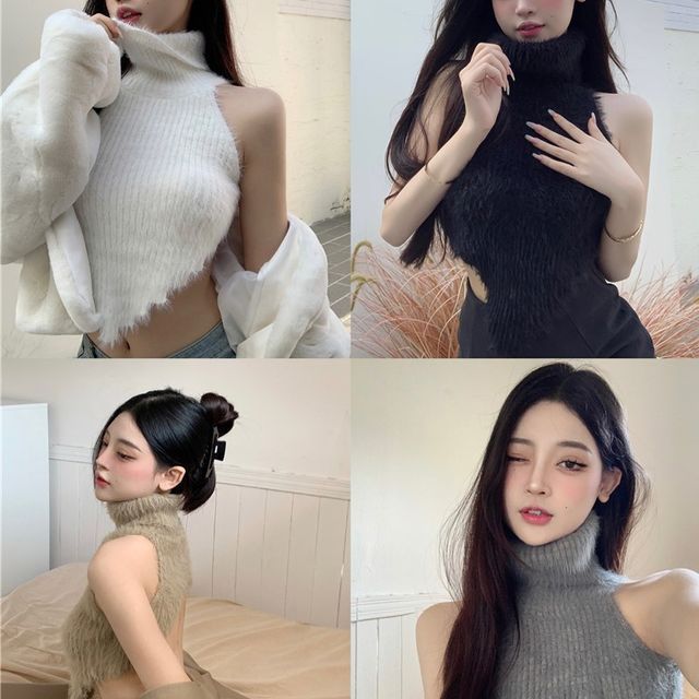 Odestra-Sleeveless Turtleneck Plain Crop Knit Top