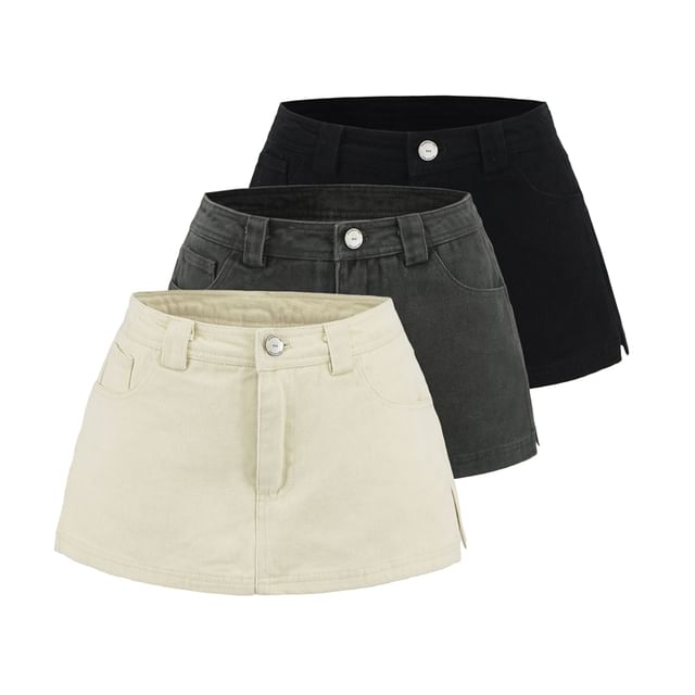 Ulark-High Waist Plain Slit Mini Denim Skort