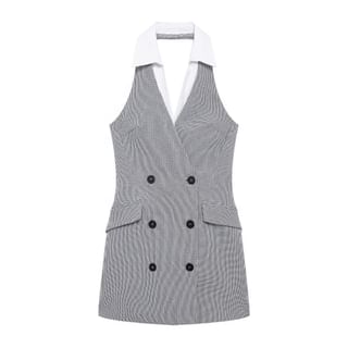 Avauntgardo Halter Neck Collared Double Breasted Mini A-Line Dress Sale