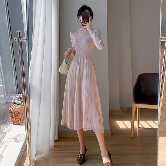 Aurora - Long-Sleeve Crew Neck Plain Ribbed Knit Midi A-Line Dress |  YesStyle