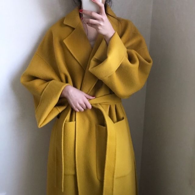 Sienne-Lapel Neck Plain Belted Long Coat