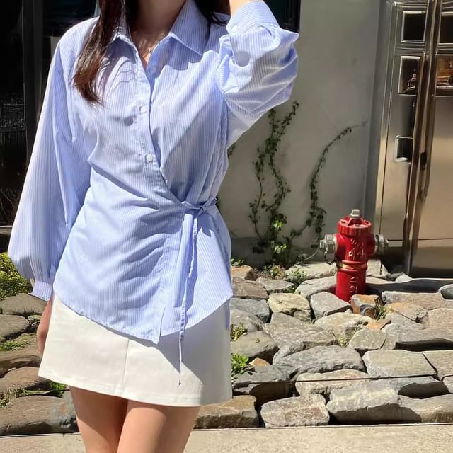 Happo-Long-Sleeve Asymmetrical Sashed Shirt