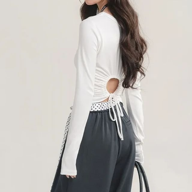 LOVEHEYNEW-Long Sleeve Round Neck Plain Drawstring Back T-Shirt
