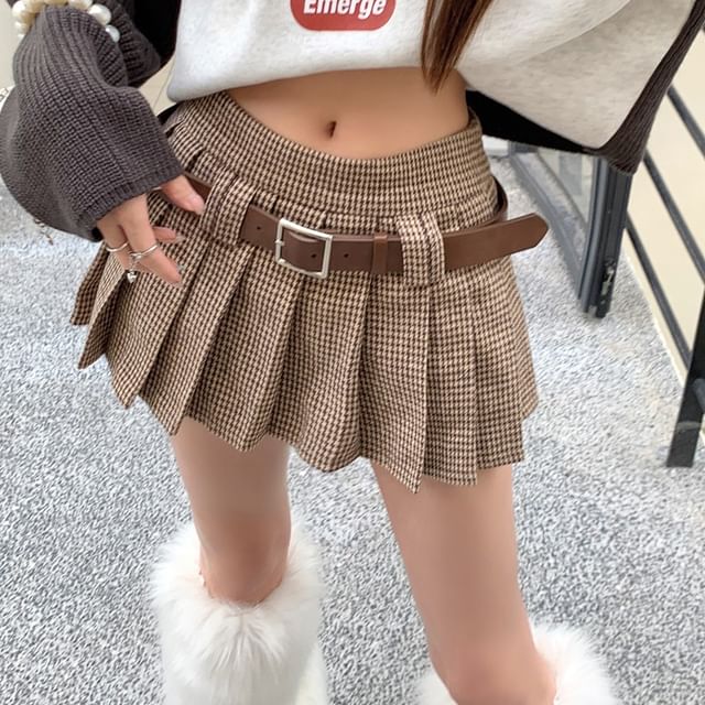 JVL-Mid Rise Houndstooth Pleated Mini A-Line Skirt