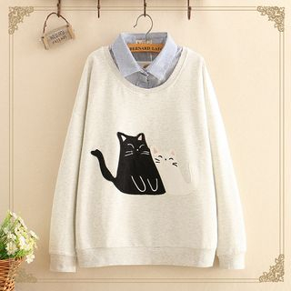 Kawaii Fairyland - Inset Striped Shirt Cat Patchwork Sweater | YesStyle