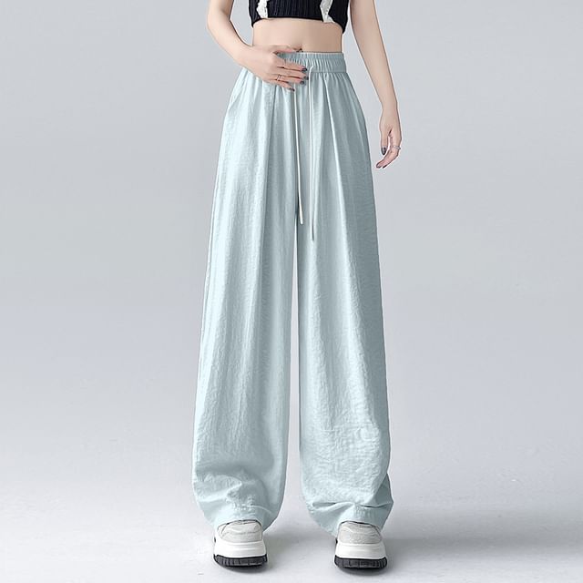 Gentiana-Drawstring Waist Plain Baggy Pants