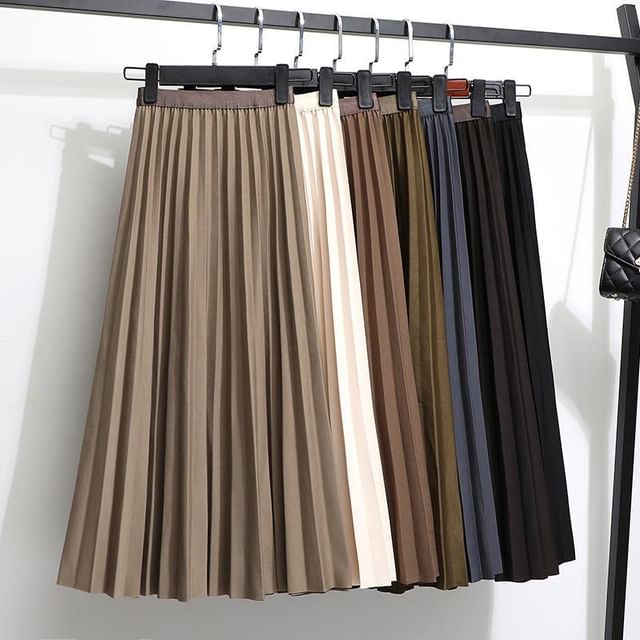 DIYI-High Rise Plain Maxi A-Line Pleated Skirt