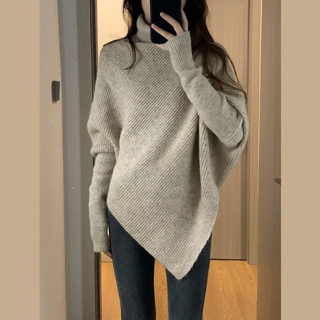 FR-Long-Sleeve Turtleneck Plain Ribbed Asymmetrical Sweater