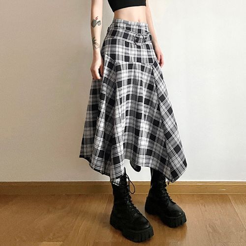 Amyway Mid Rise Plaid Asymmetrical Belted Midi A Line Skirt YesStyle