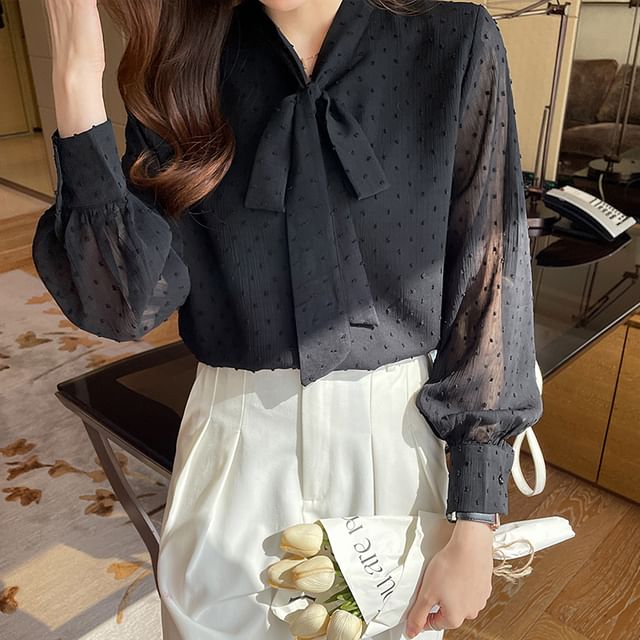 Dragan Pulse-Long-Sleeve Tie-Neck Plain Blouse
