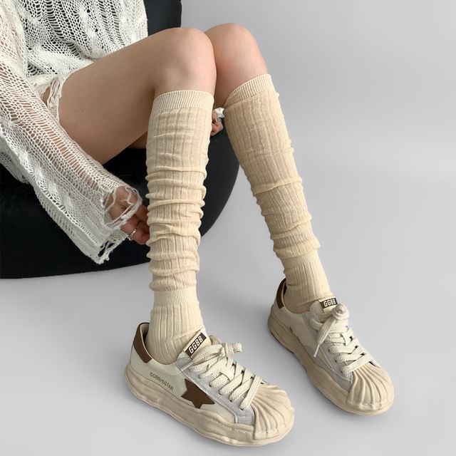 Desperim-Plain Ribbed Over The Knee Socks