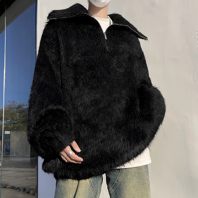 Plummie-Fluffy Plain Half Zip Fluffy Oversized Sweater