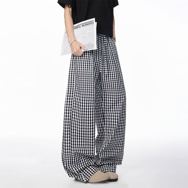 Koiyua-Drawstring Waist Plaid Wide Leg Pants