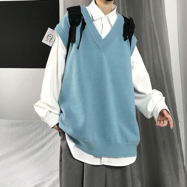 Blueforce-V-Neck Plain Knit Sweater Vest