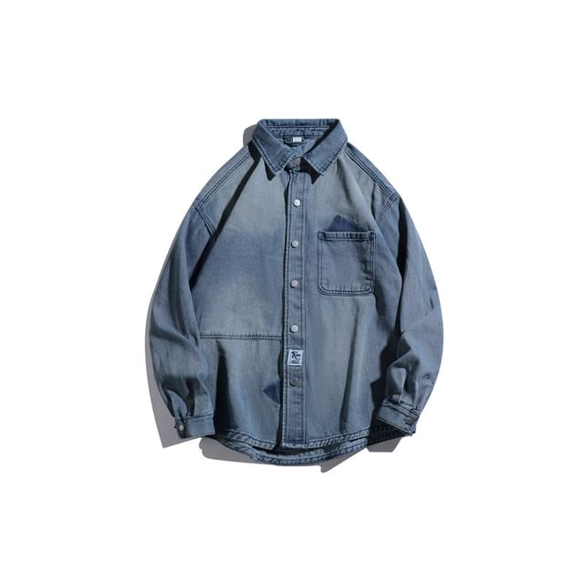 Phoneus-Long Sleeve Collared Washed Pocketed Denim Shirt