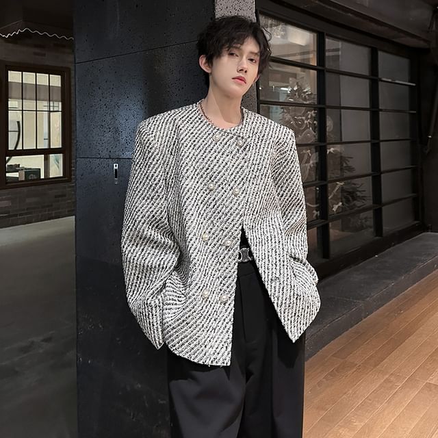 ravewider-Round Neck Striped Faux Pearl Button Double-Breasted Jacket