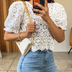 LIPHOP - See-Through Cropped Crochet-Knit Top LIPHOP - See-Through Cropped Crochet-Knit Top
