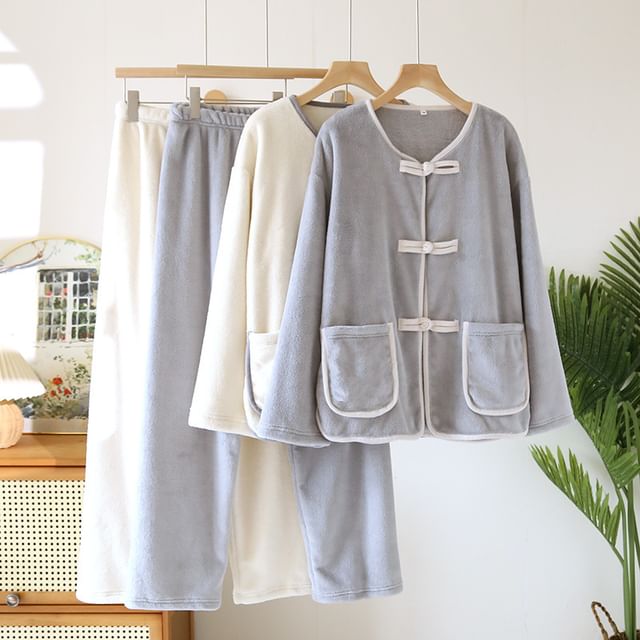 Somnus-Pajama Set Long-Sleeve Crew Neck Contrast Trim Frog Buttoned Fleece Top Pants
