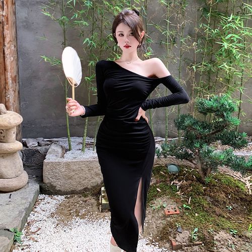 Buy The Fashionology, One Side Sleeve, Fit and Flare, Georgette Black Dress,  Free Size (Can be Done Fitting According to Your Size) at Amazon.in