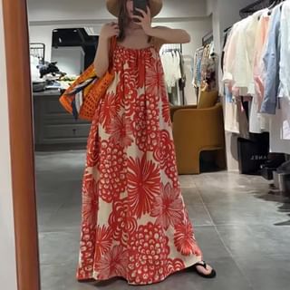 Saccharine Spaghetti Strap Floral Print Maxi A-Line Dress Sale