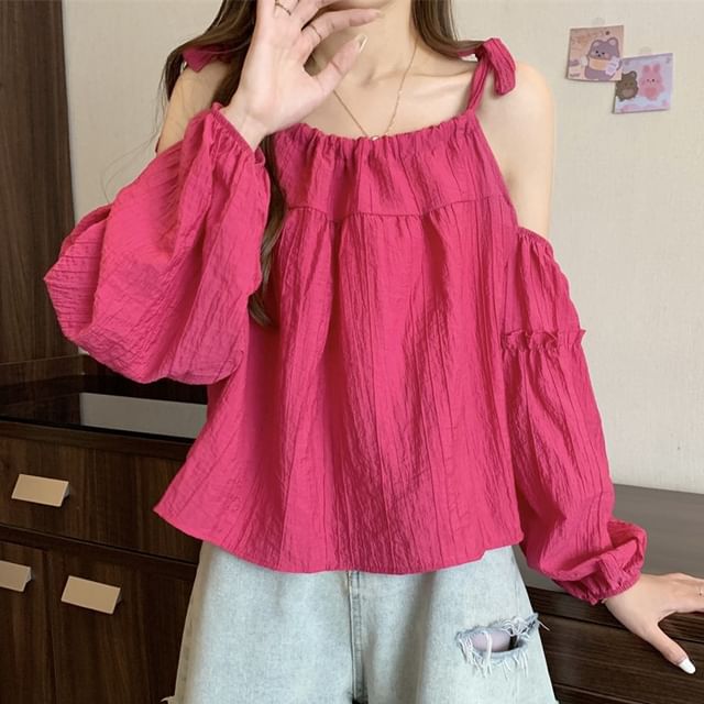 Janerium-Long-Sleeve Cold-Shoulder Plain Blouse