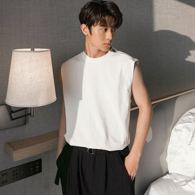 Urtishia-Crew Neck Plain Zip Detail Tank Top