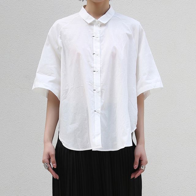 SIMPLE BLACK-Elbow Sleeve Stitch Oversized Shirt