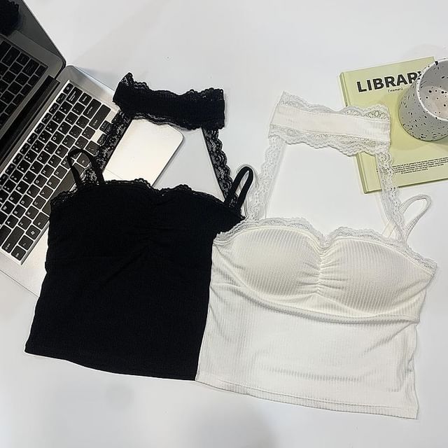 Gecko-Halter-Neck Lace Trim Ribbed Bra Top