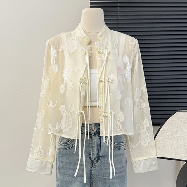 Lemongrass-Chiffon Frog-Button Jacquard Crop Shirt