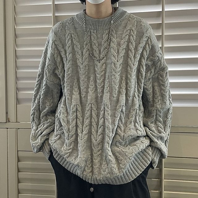 Freehop-Crew Neck Plain Cable Knit Sweater