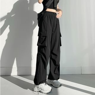 Ukiyo-Drawstring Waist Plain Wide Leg Cargo Pants