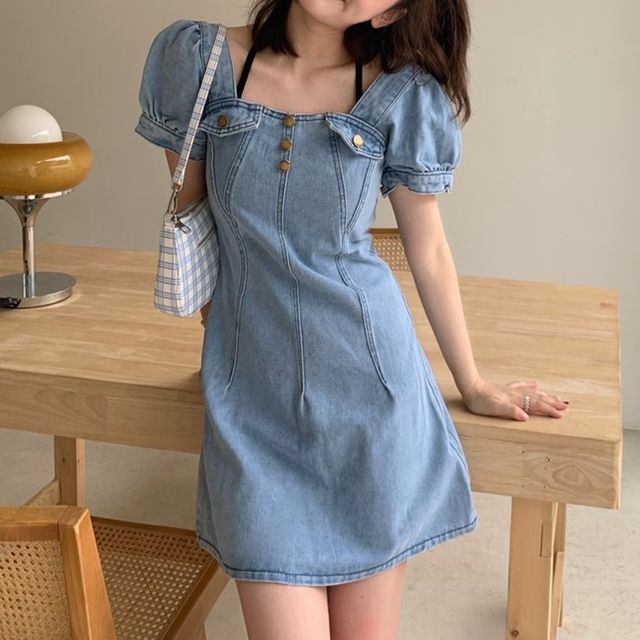 CHICLINE★denim puff-sleeved denim mini flare dress★ Fit & Flare Puff-Sleeve Smocked Jean Mini Dress | Old Navy