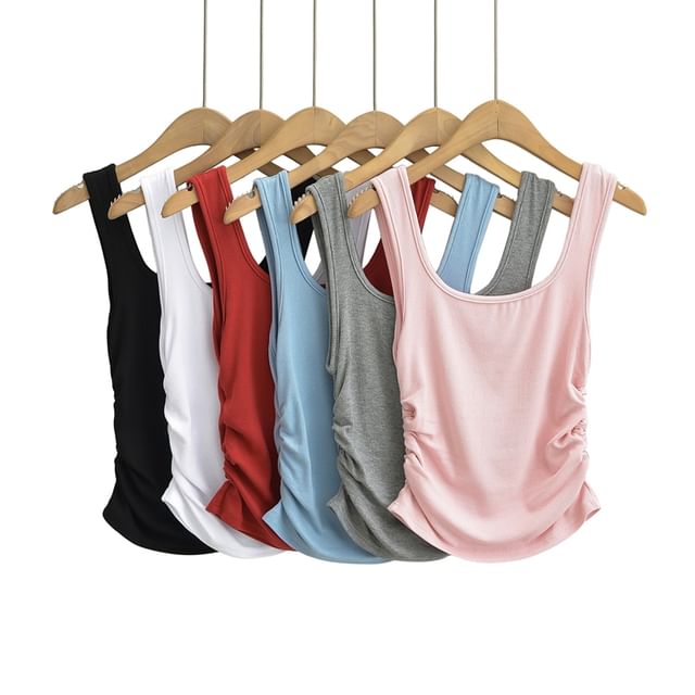 Ulark-Scoop Neck Plain Ruched Tank Top