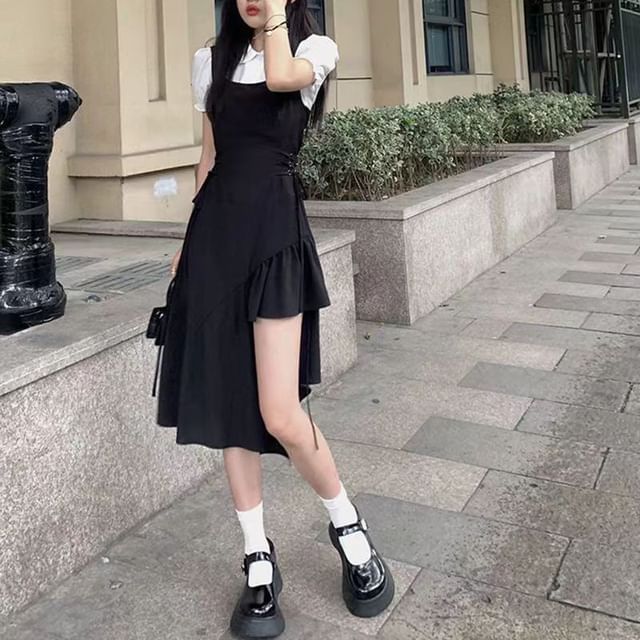 Everose-Spaghetti Strap Plain Slit Midi A-Line Dress