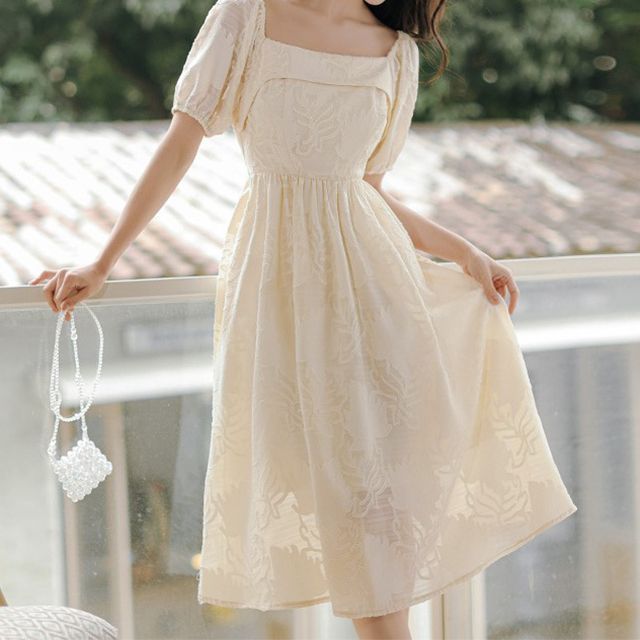 sansweet - Puff-Sleeve Square Neck Midi A-Line Dress | YesStyle