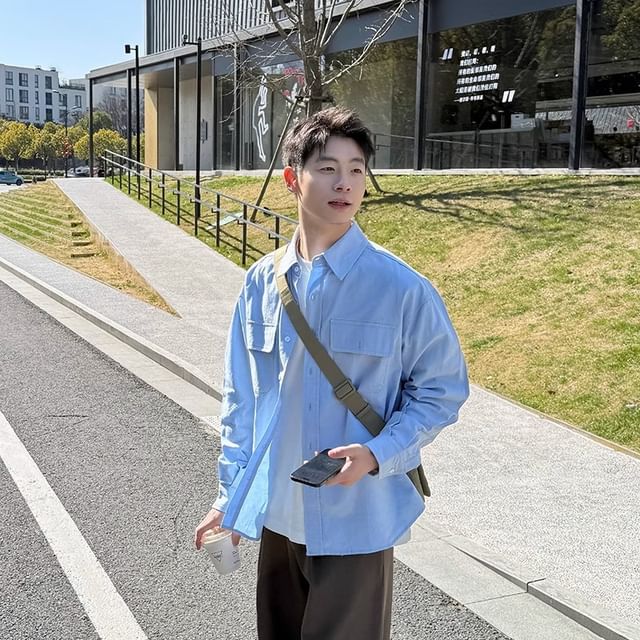 Savenne-Long-Sleeve Button-Up Plain Shirt