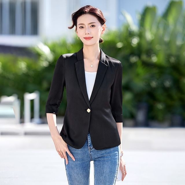 Skyheart-Elbow Sleeve Lapelled Plain Single Breasted Blazer