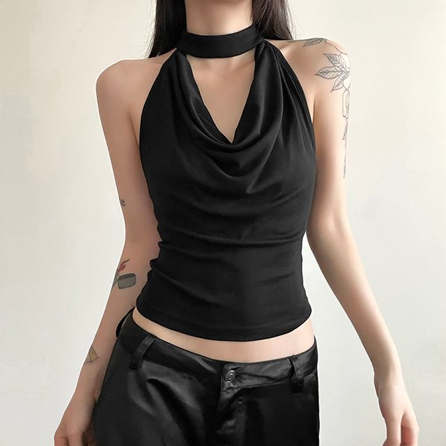 Allinya-Halter Cowl Neck Plain Crop Top