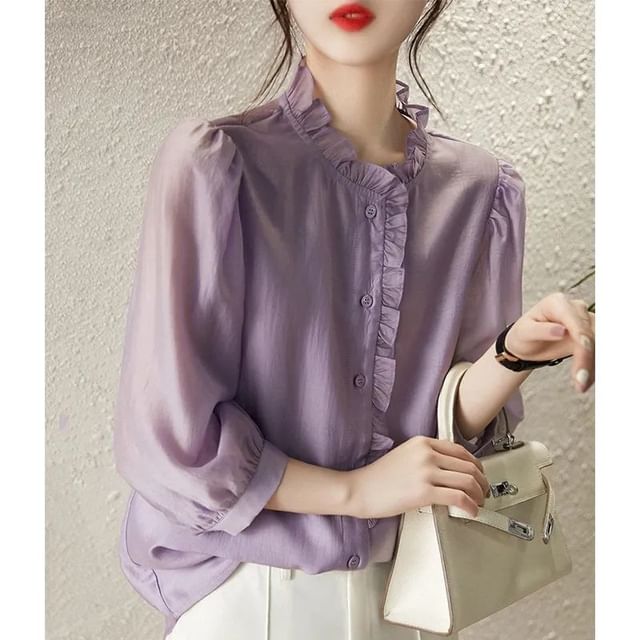 INEN-34 Sleeve Stand Collar Plain Frill Blouse